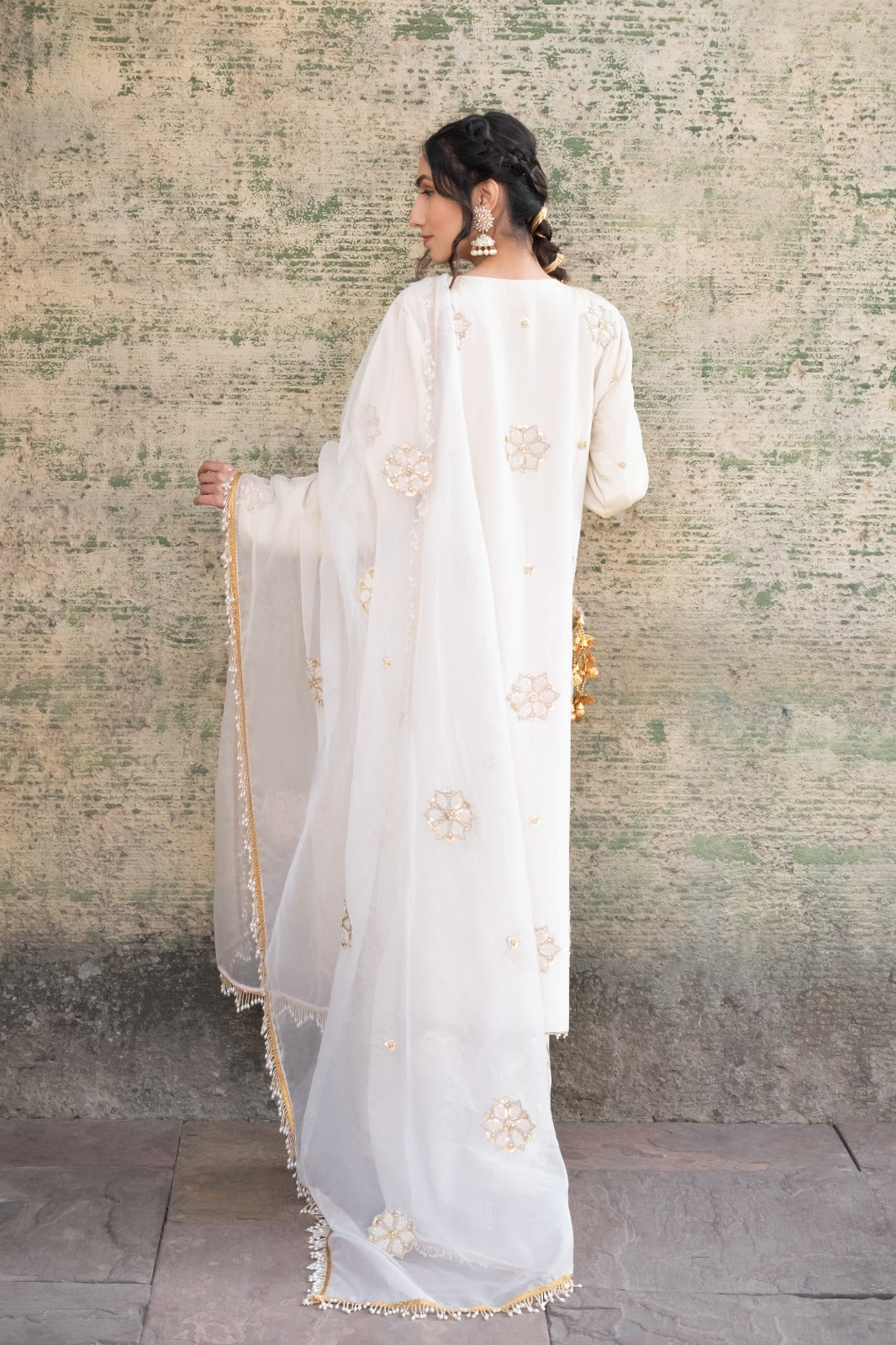 Ivory Suit Set with Embroidered Farshi Salwar & Organza Dupatta