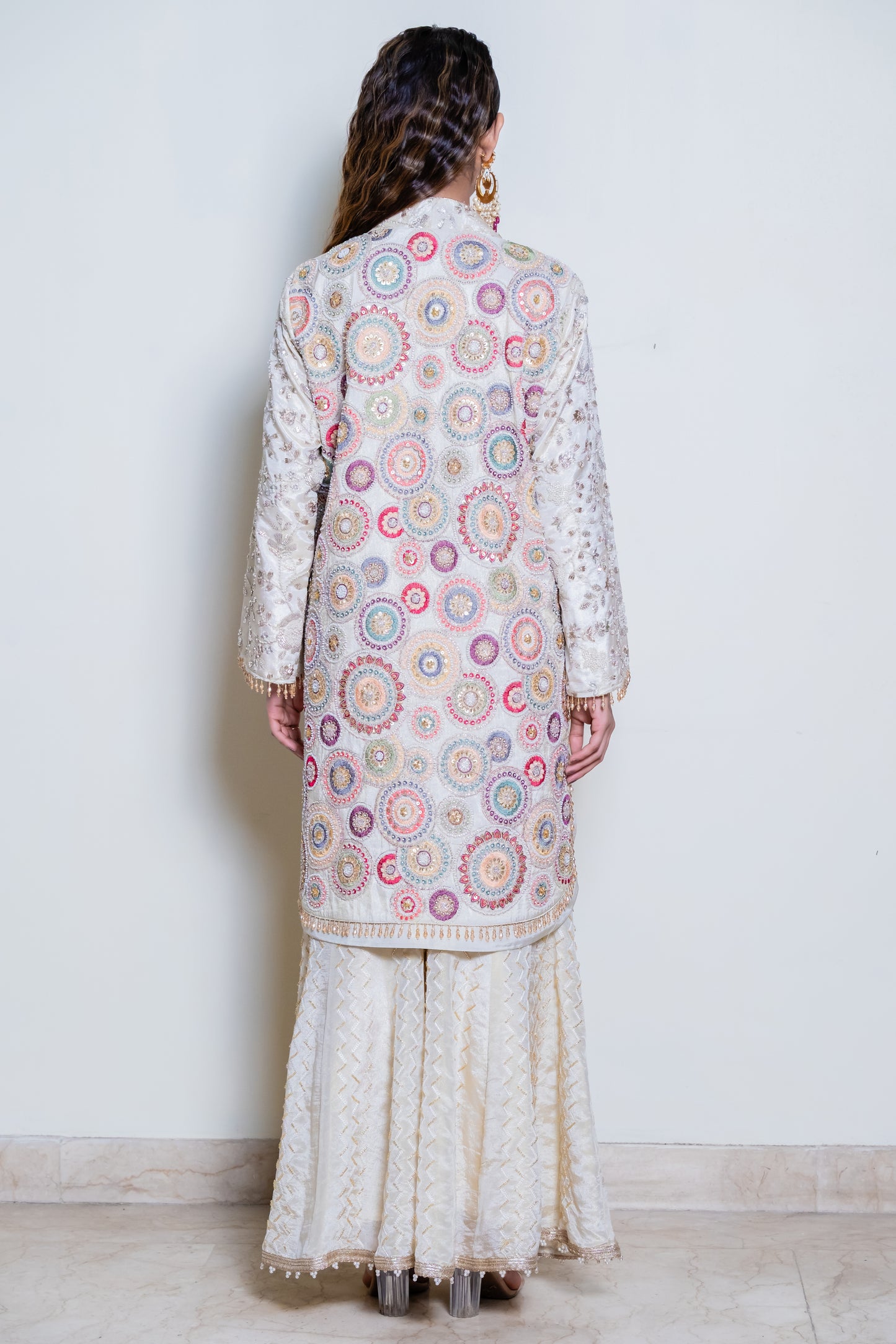 Nazaakat -Multicolored Embroidered Kurta with Ivory Sharara & Organza Dupatta