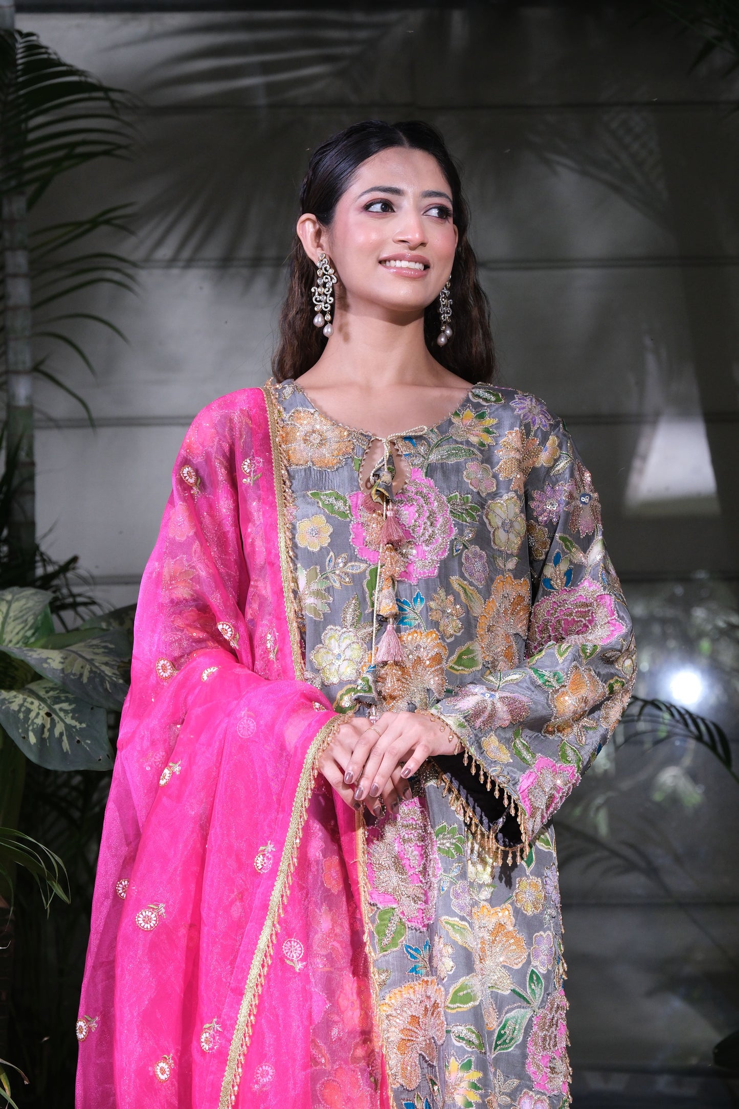 Gulfam- Floral Embroidered Kurta with Pharsi Salwar & Organza Dupatta