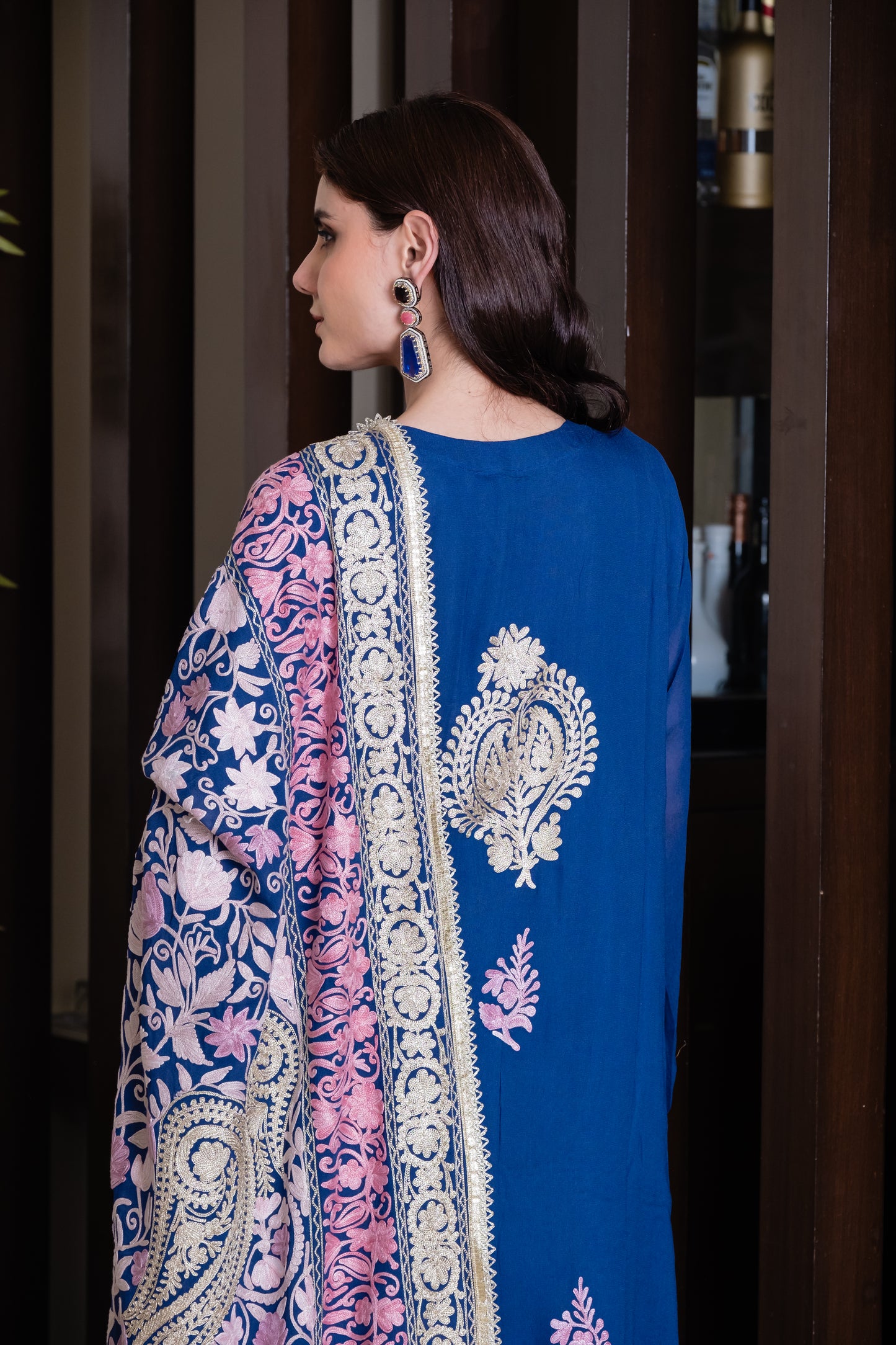 Kashida- Resham & Tila work Kurta and mukaish pants with embroidered dupatta