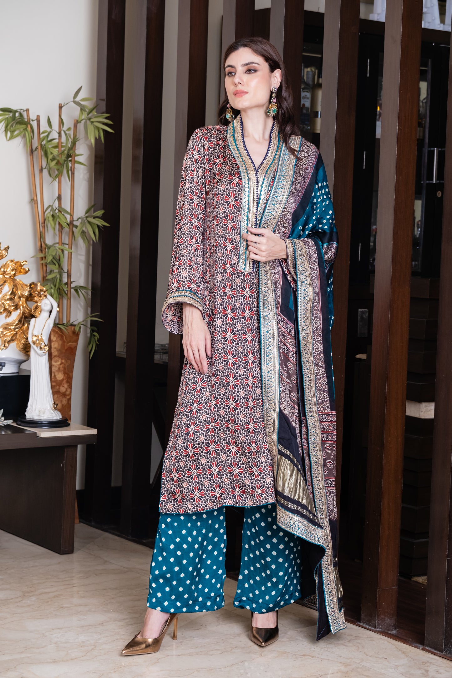 Samaya - Ajrakh Shirt and Bandhani Pants Dupatta