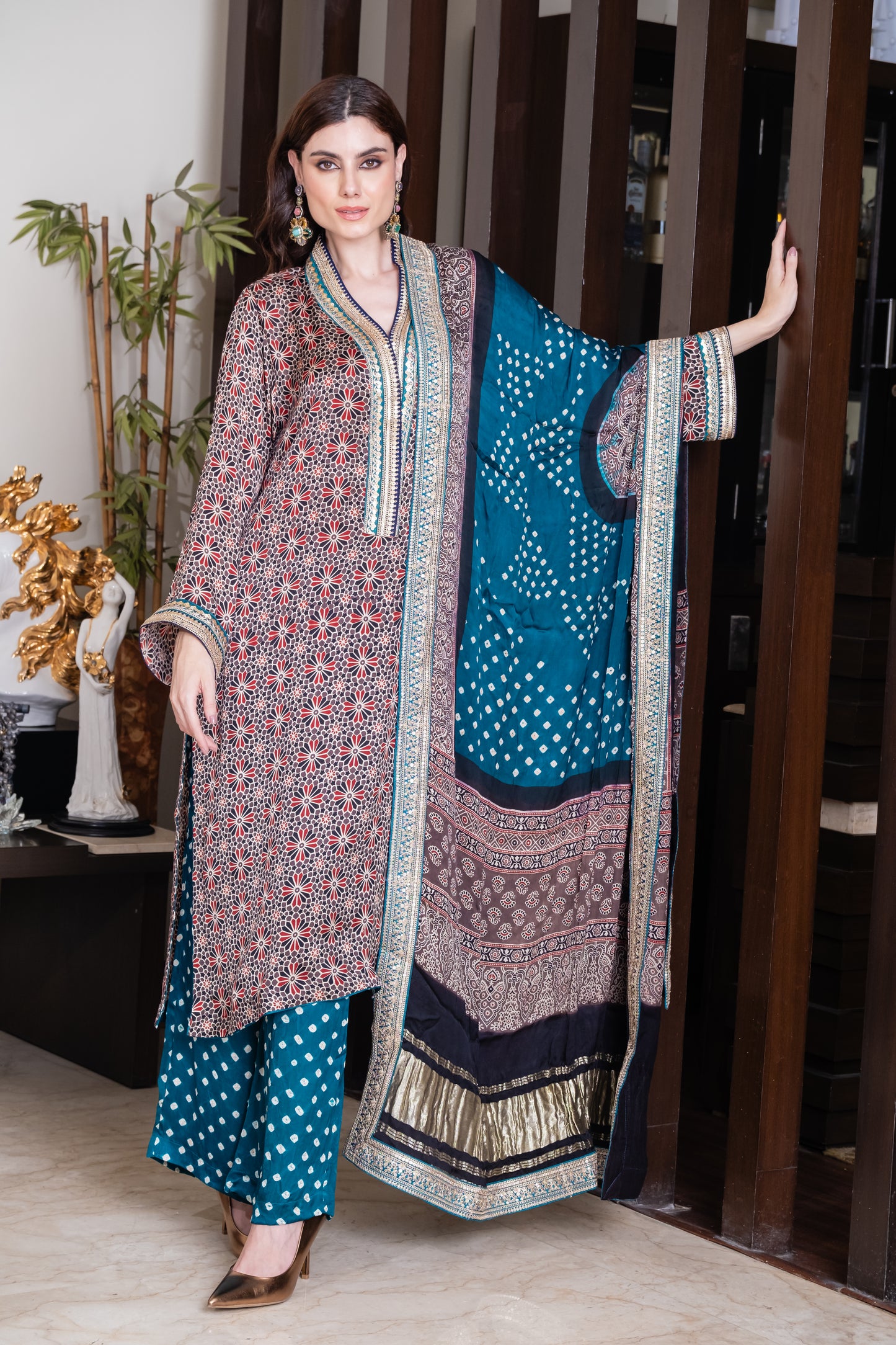 Samaya - Ajrakh Shirt and Bandhani Pants Dupatta