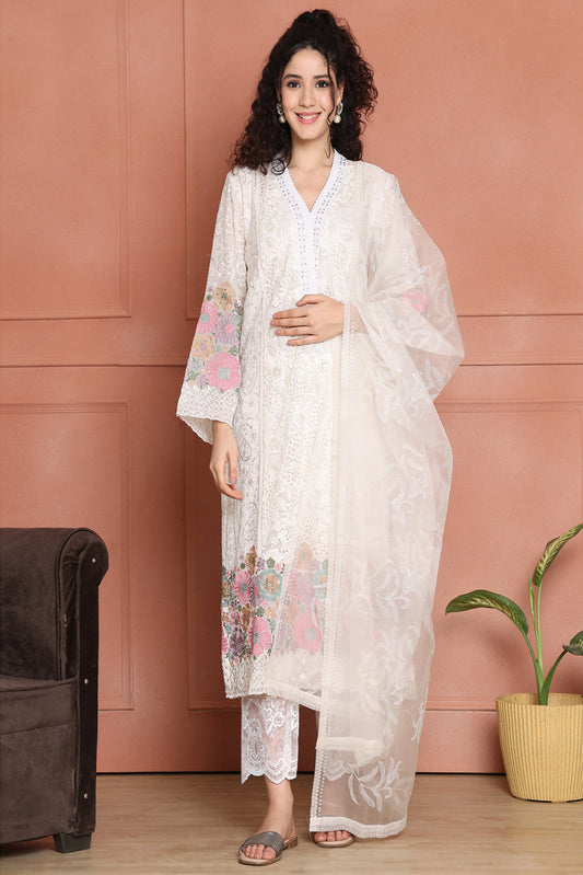 Georgette Kurta with Lace Work Pants & Organza Dupatta