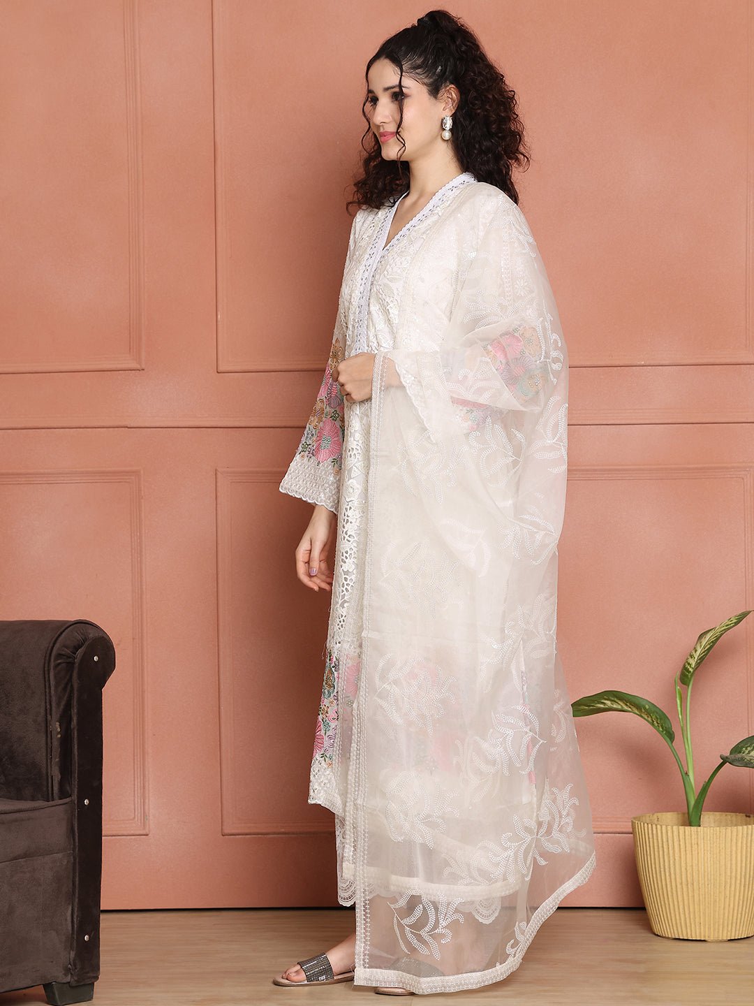 Georgette Kurta with Lace Work Pants & Organza Dupatta