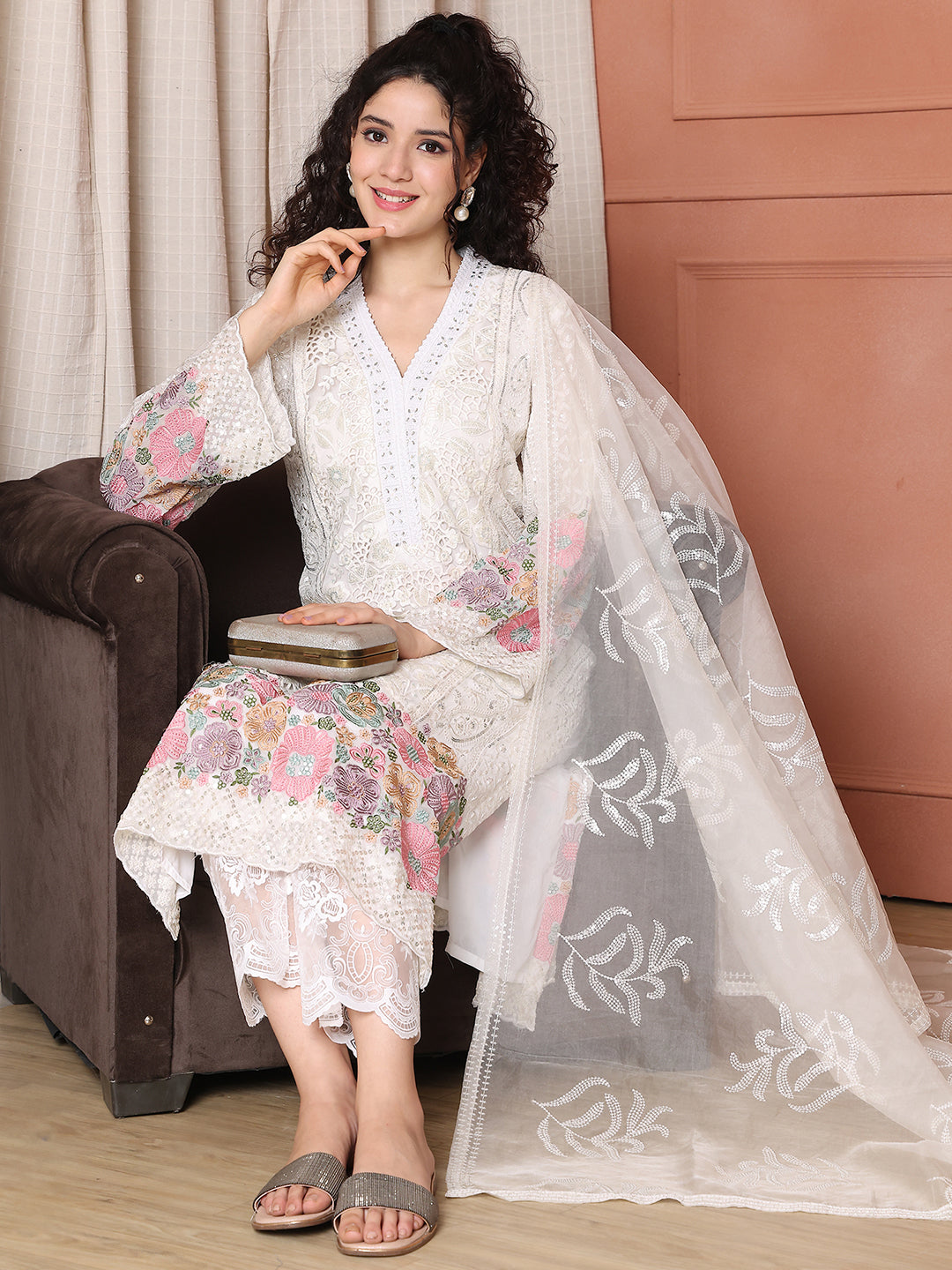 Georgette Kurta with Lace Work Pants & Organza Dupatta