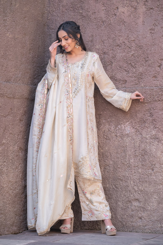 Ivory Gota Pita Suit Set with Organza Dupatta