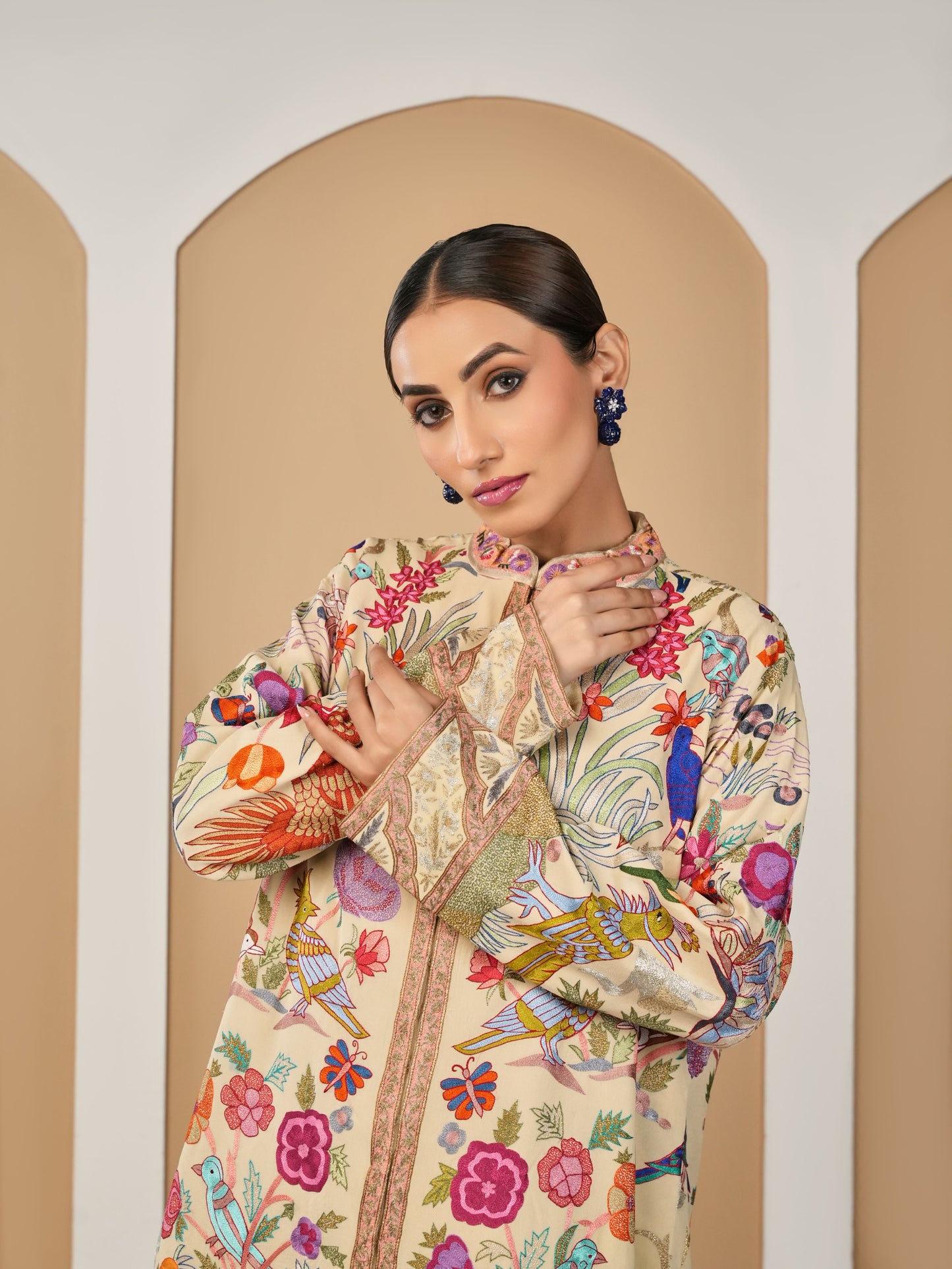 Resham Thread work beige Long Jacket
