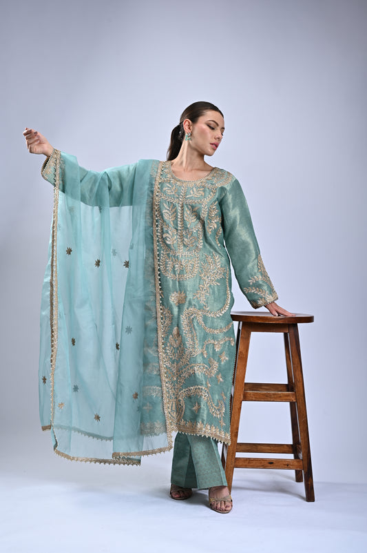 Firoza - Embroidered Suit Set with Organza Dupatta