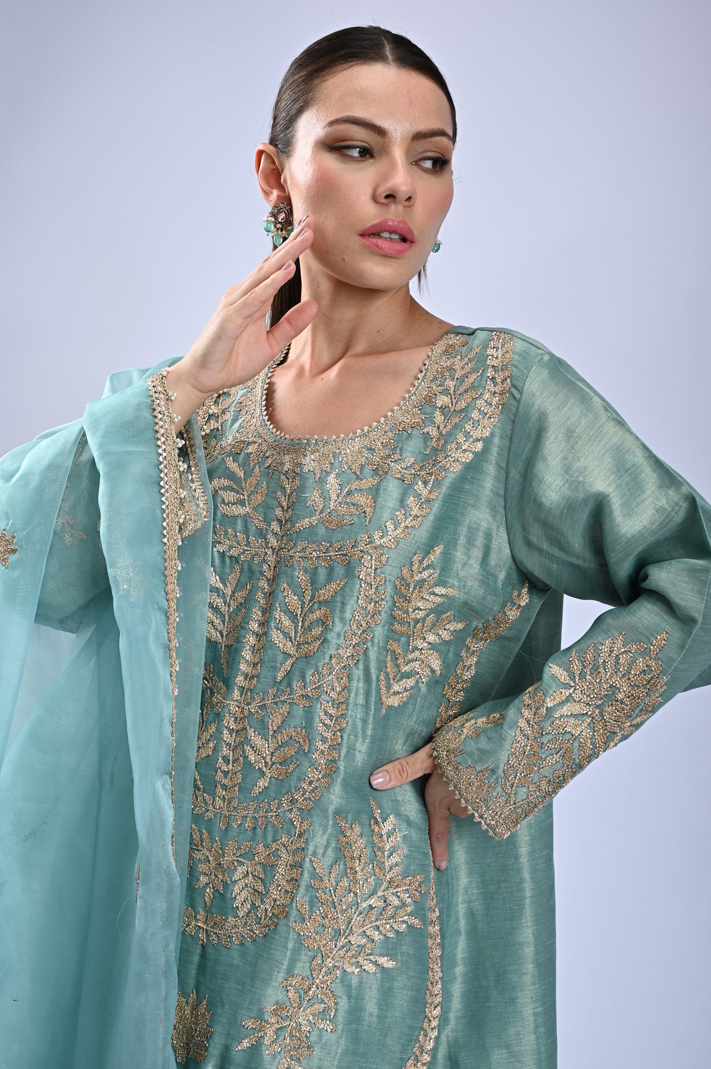 Firoza - Embroidered Suit Set with Organza Dupatta