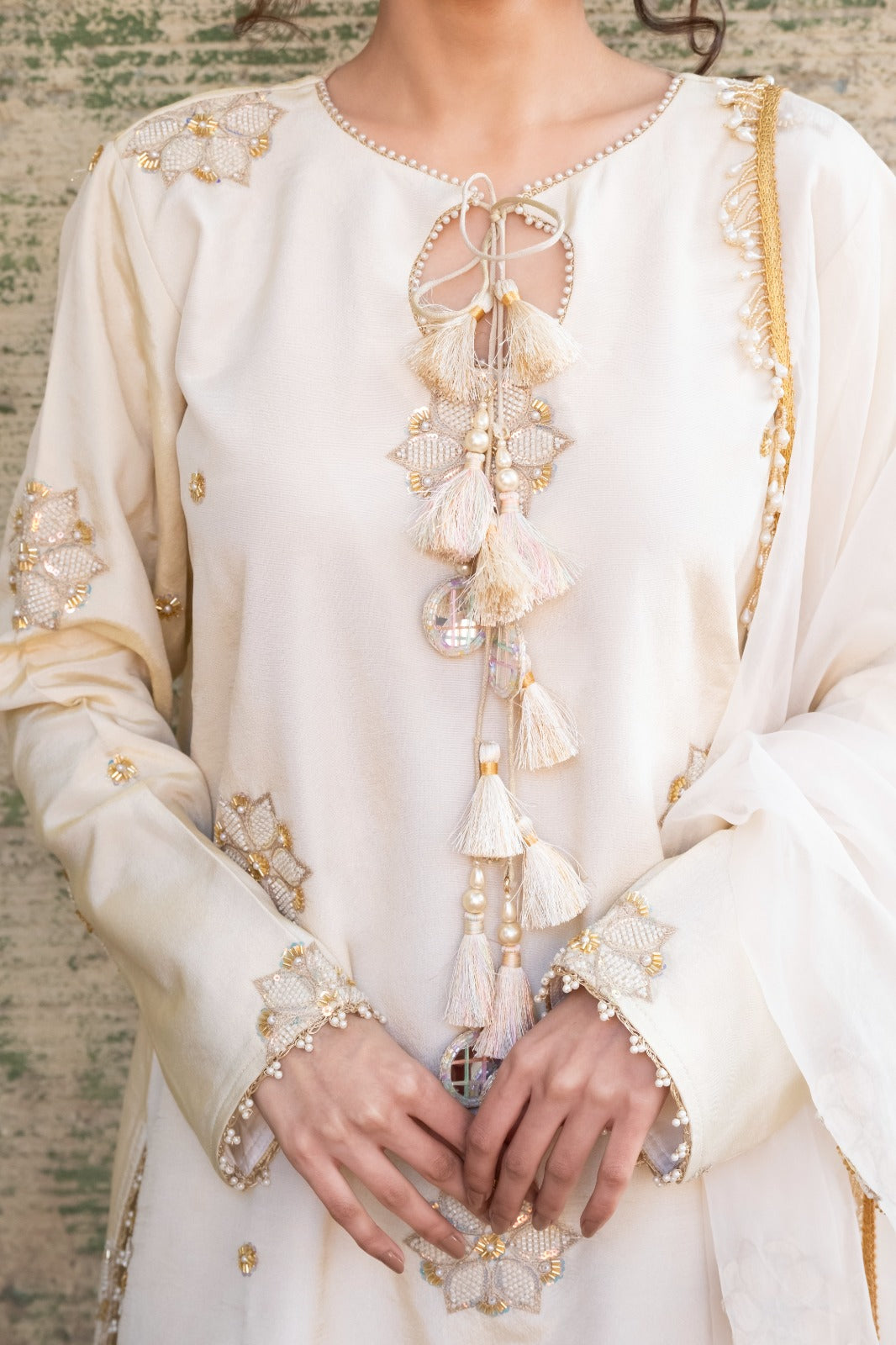 Ivory Suit Set with Embroidered Farshi Salwar & Organza Dupatta
