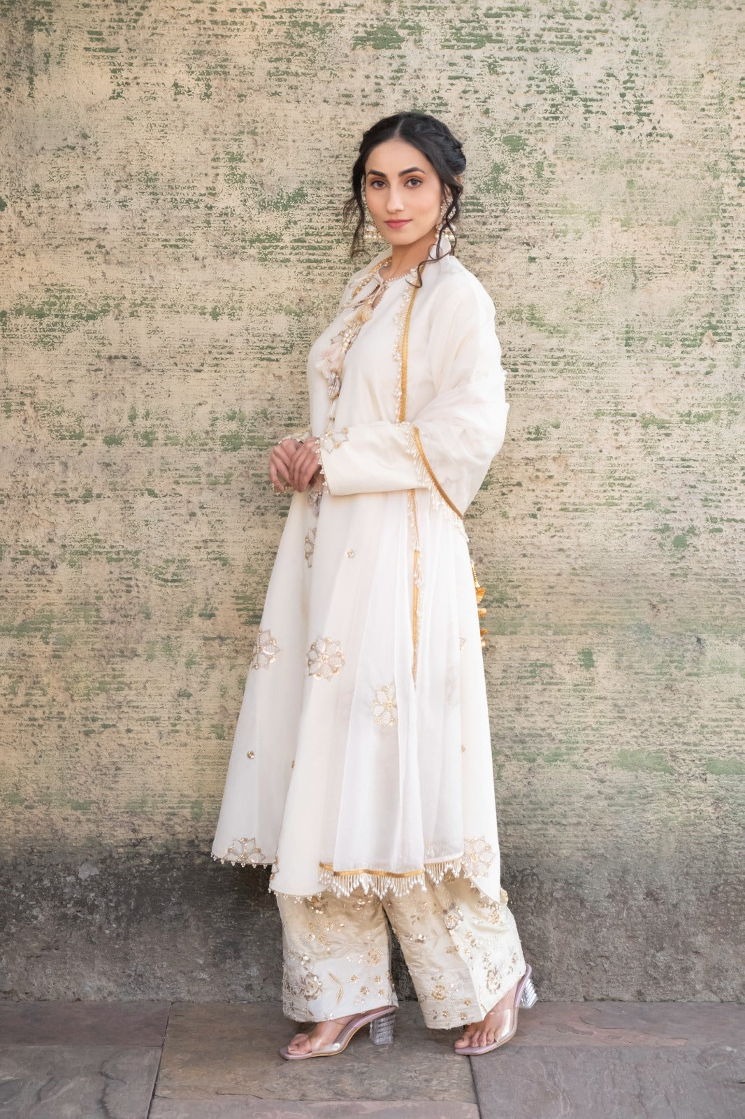 Ivory Suit Set with Embroidered Farshi Salwar & Organza Dupatta