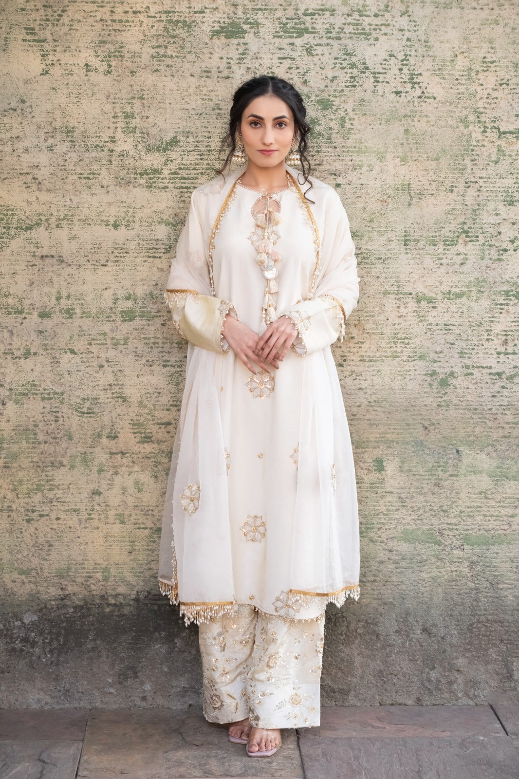 Ivory Suit Set with Embroidered Farshi Salwar & Organza Dupatta
