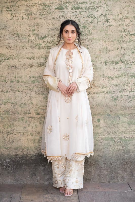 Ivory Suit Set with Embroidered Farshi Salwar & Organza Dupatta