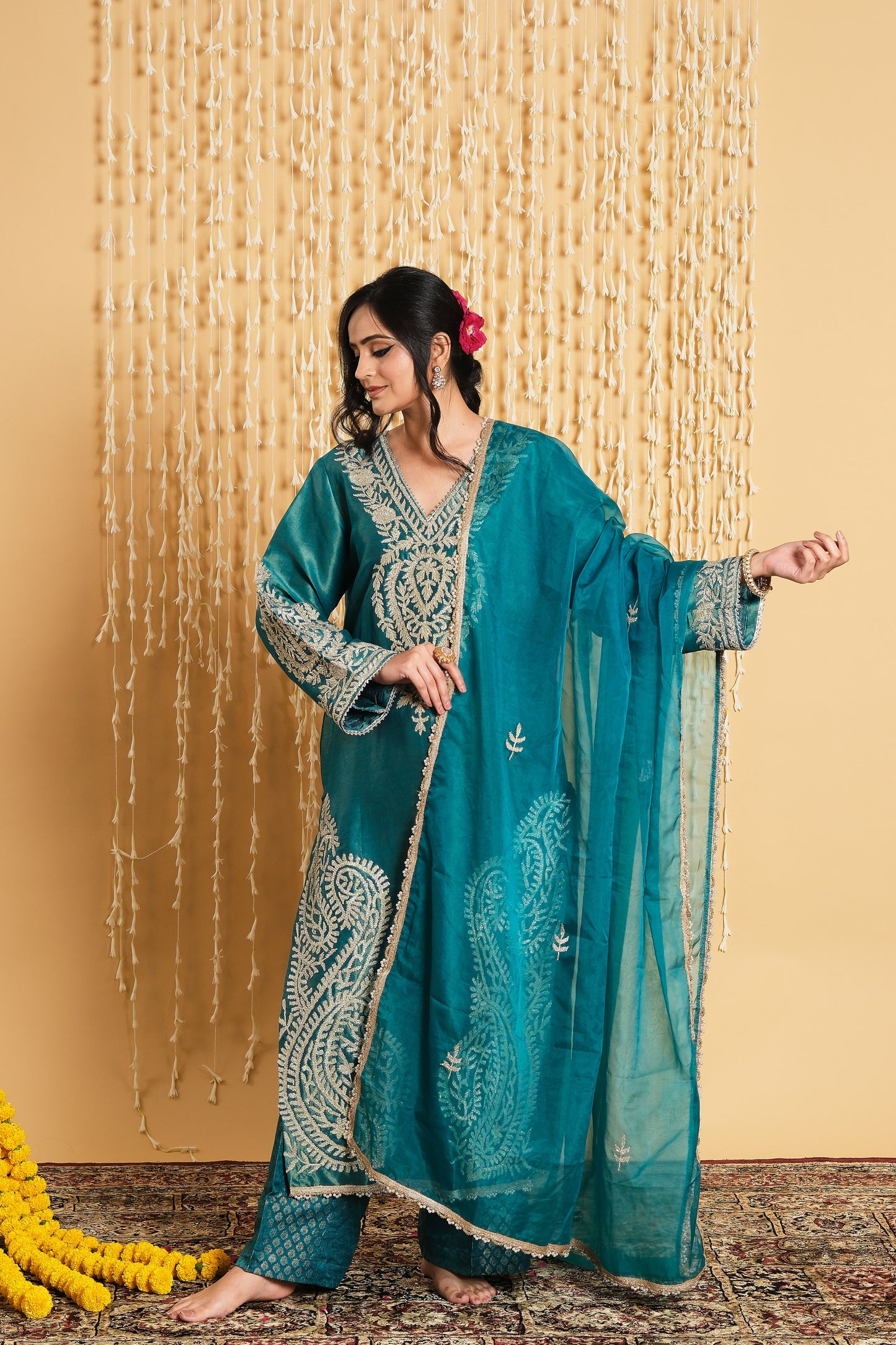 Gulnaar - Embroidered Kurta with Jamdani Pants and Organza Dupatta