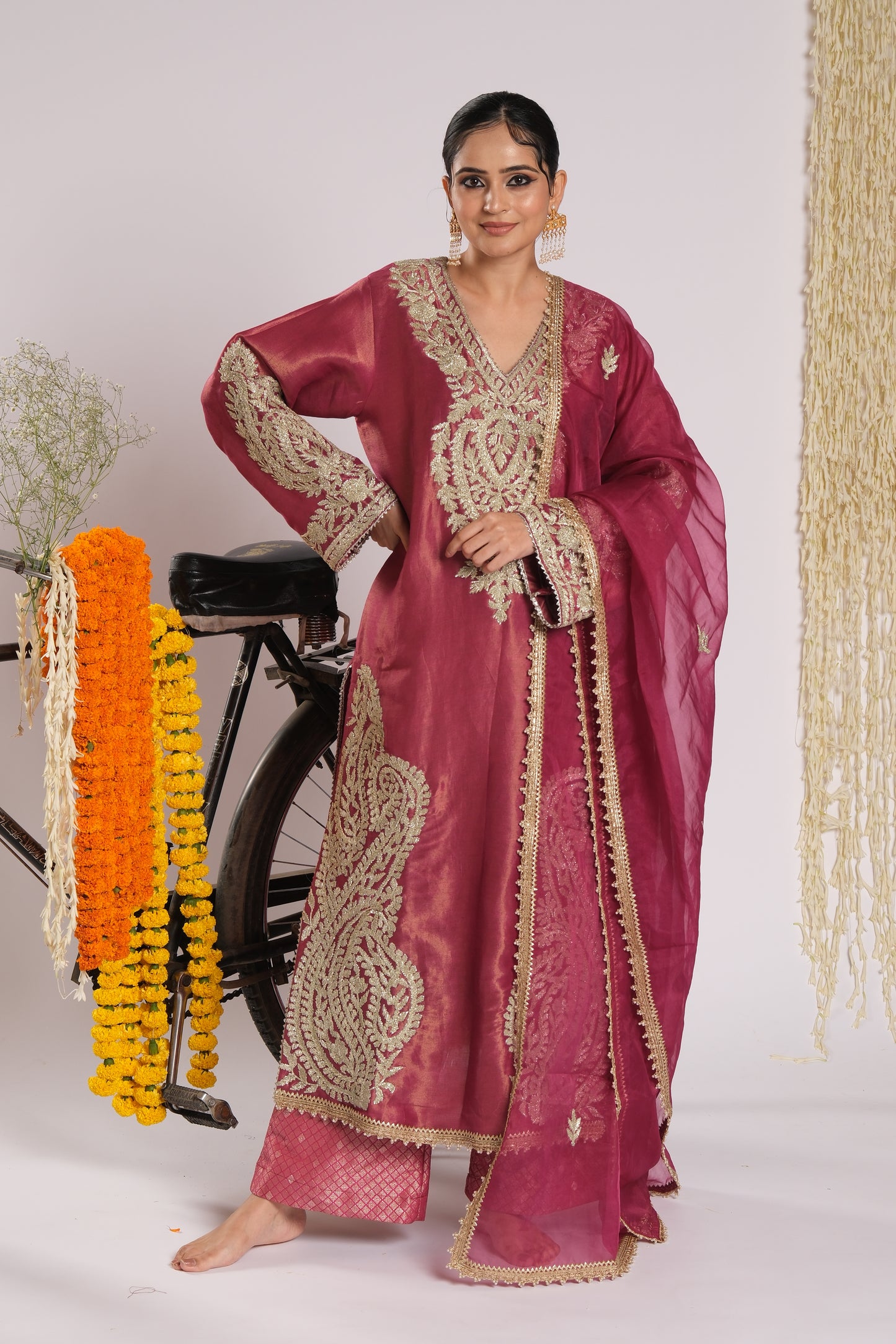 Gulnaar - Embroidered Kurta with Jamdani Pants and Organza Dupatta