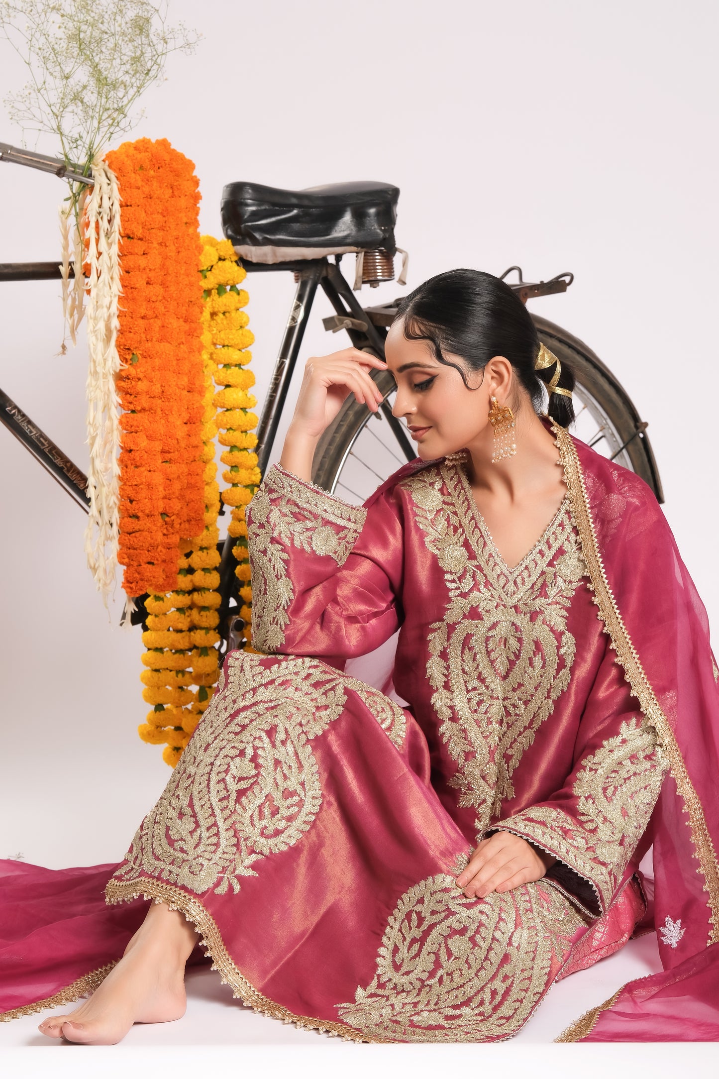 Gulnaar - Embroidered Kurta with Jamdani Pants and Organza Dupatta