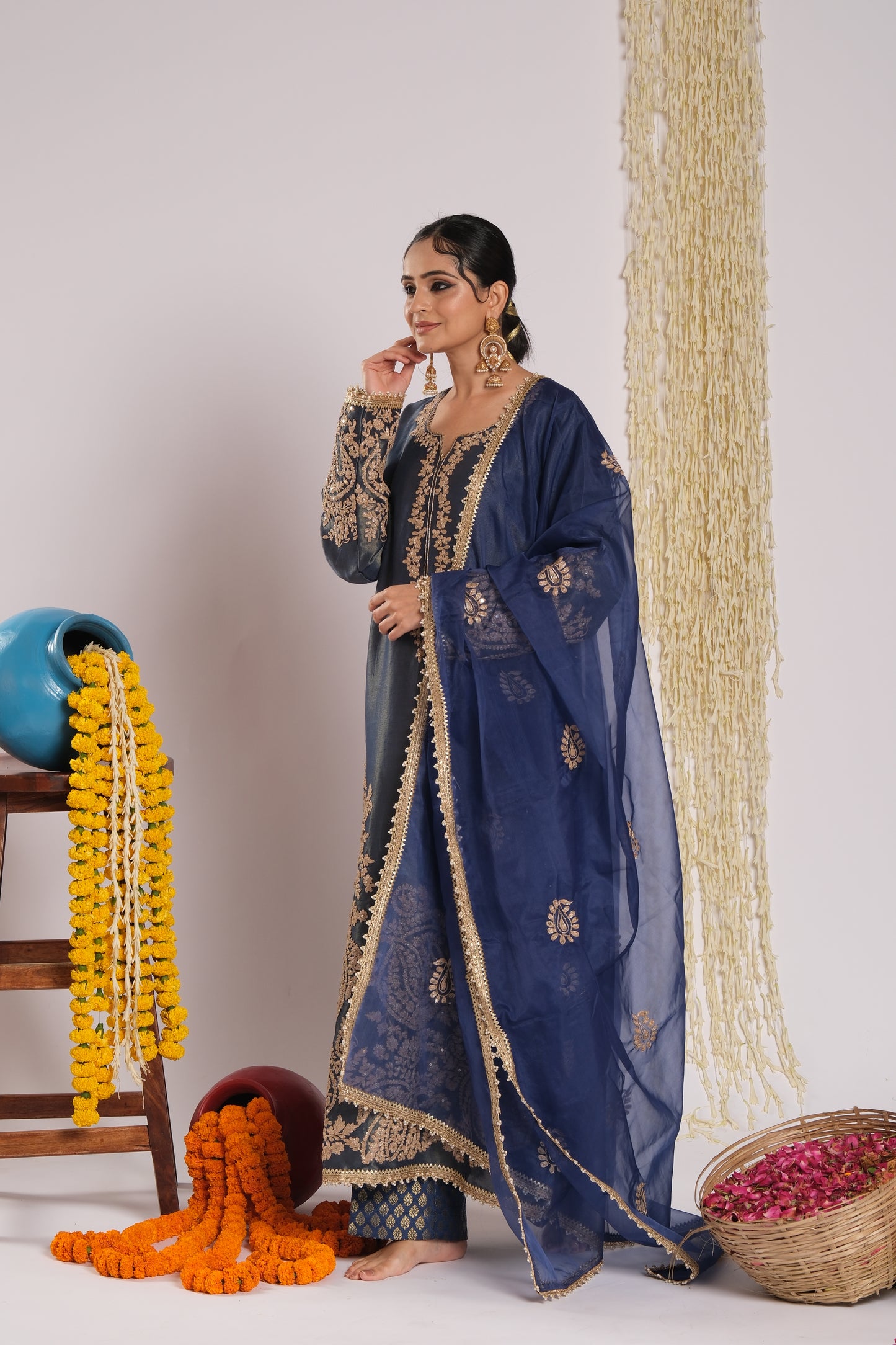Noorja - Dori embroidered Kurta with Jamdani Pants and Organza Dupatta