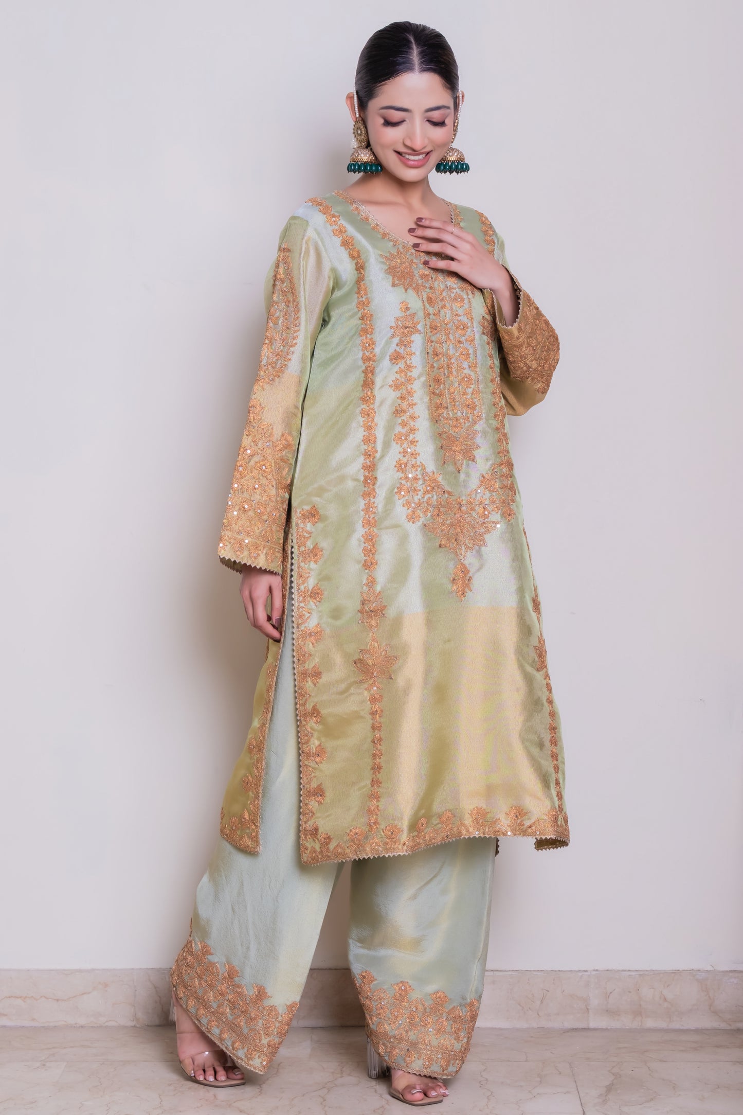 Dori Embroidered Tissue Suit Set with Organza Dupatta
