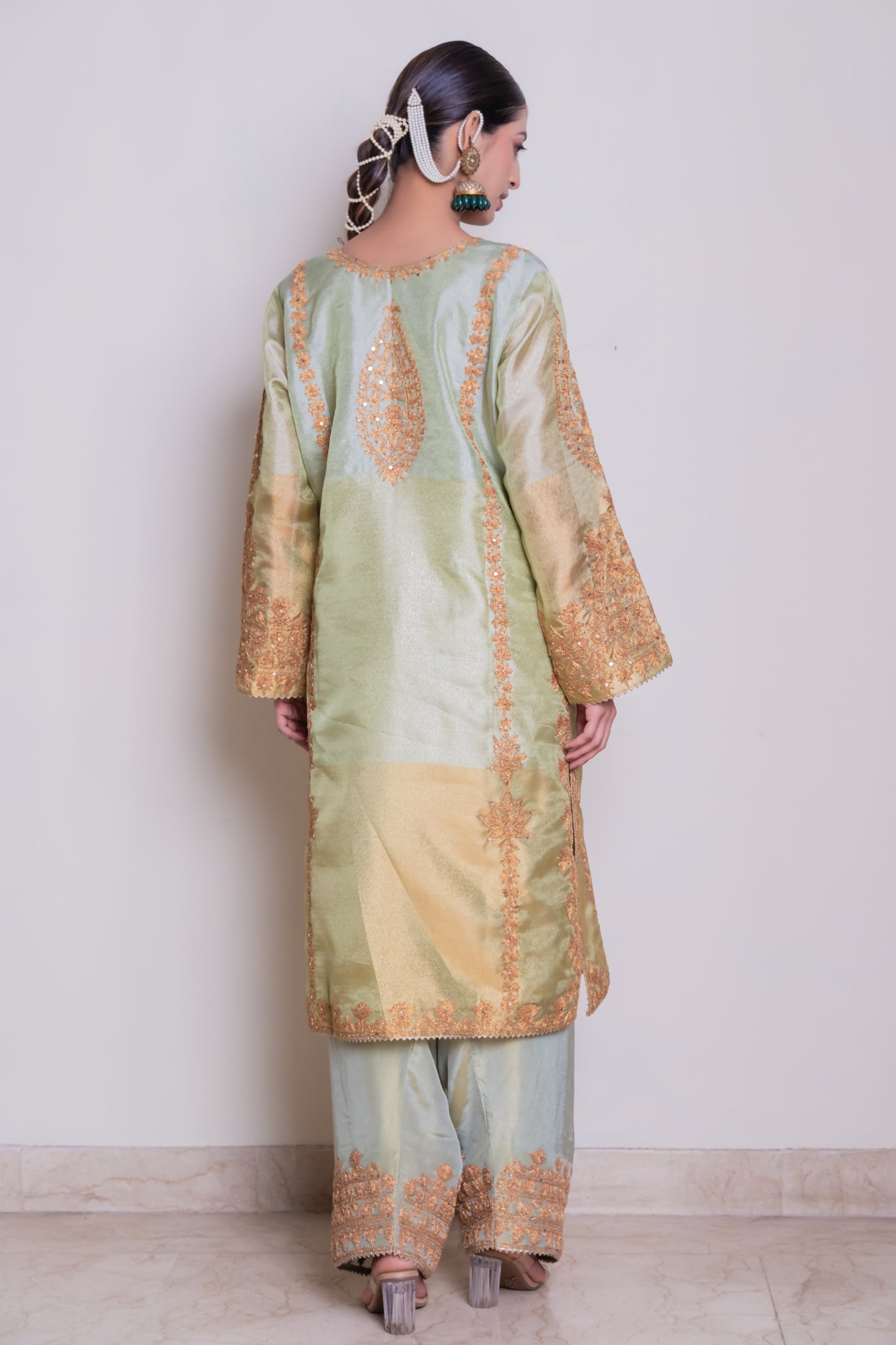 Dori Embroidered Tissue Suit Set with Organza Dupatta