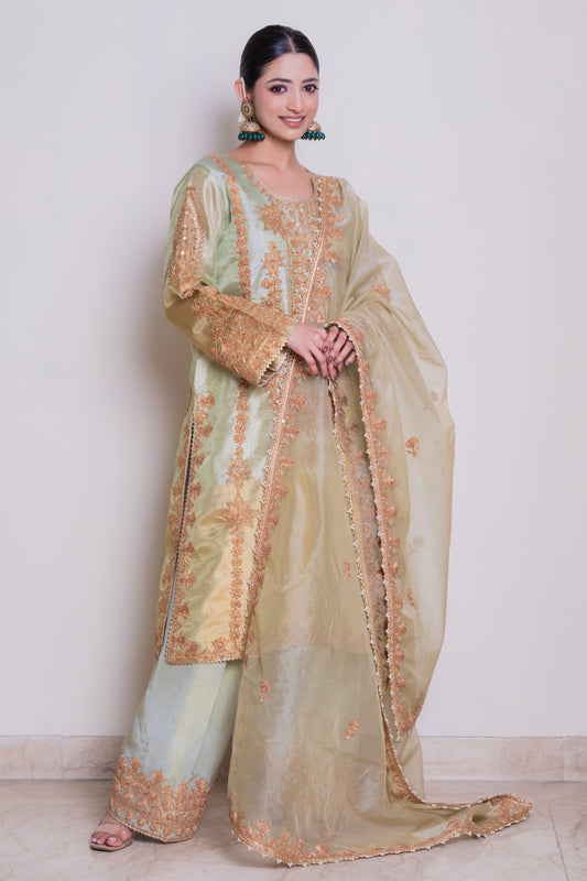 Dori Embroidered Tissue Suit Set with Organza Dupatta
