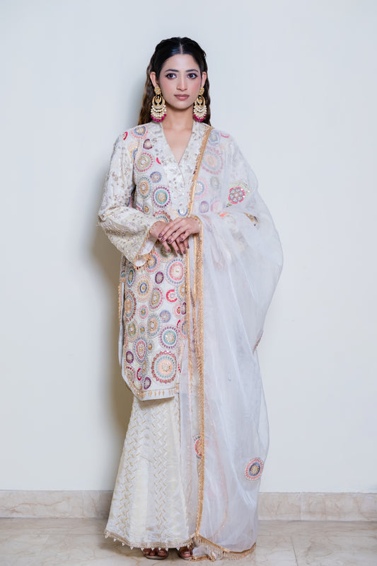 Multicolored Embroidered Kurta with Ivory Sharara & Organza Dupatta