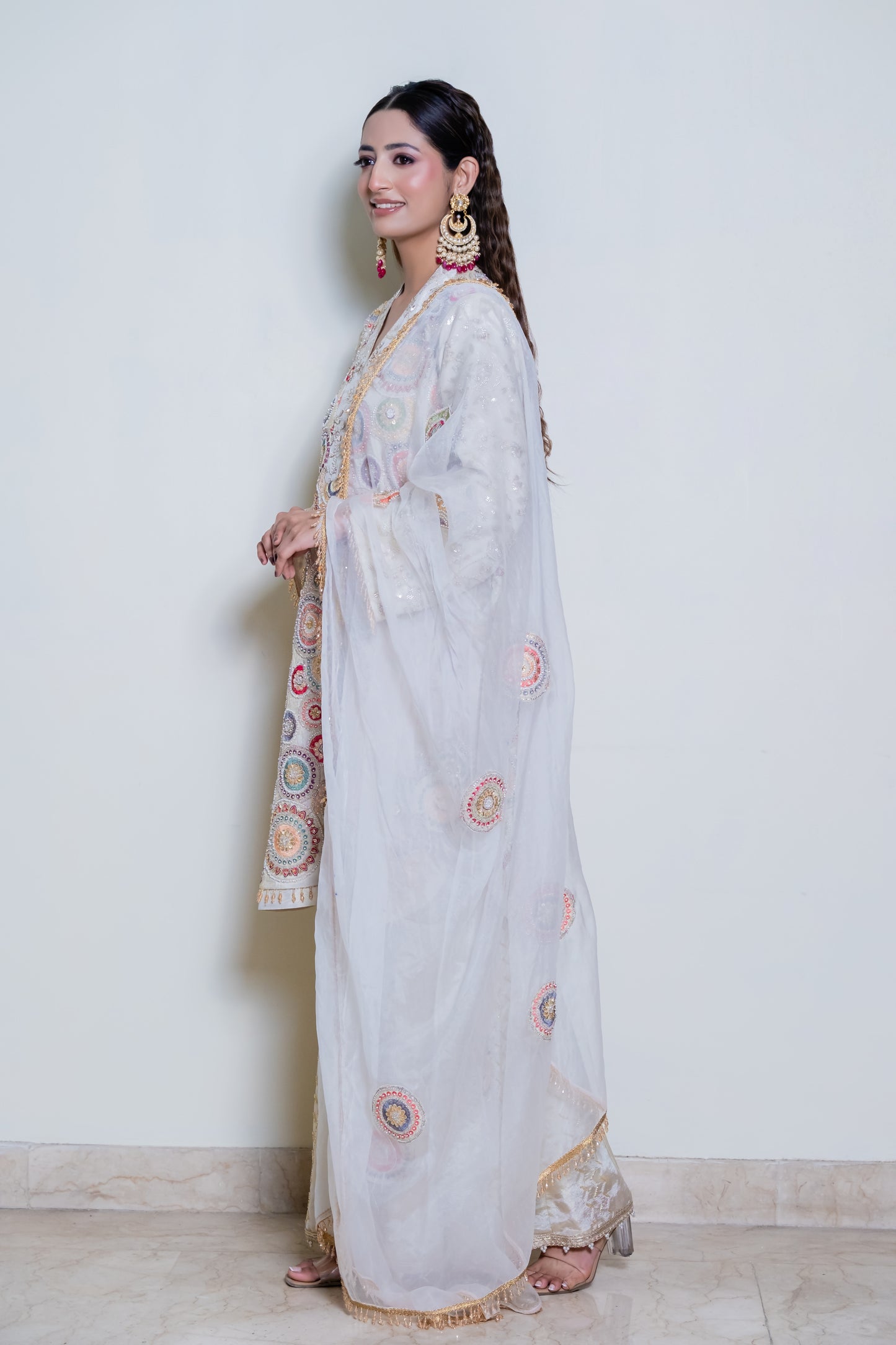 Nazaakat -Multicolored Embroidered Kurta with Ivory Sharara & Organza Dupatta