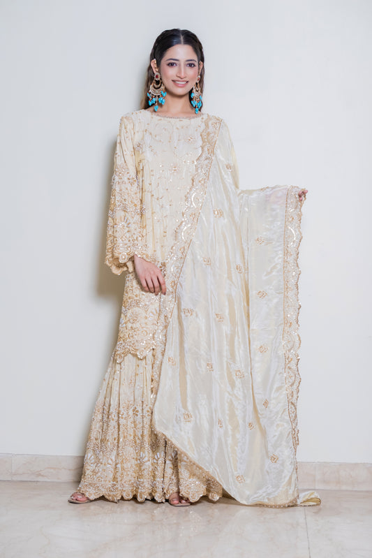 Heavy Embroidered Tissue Sharara Set with Dupatta