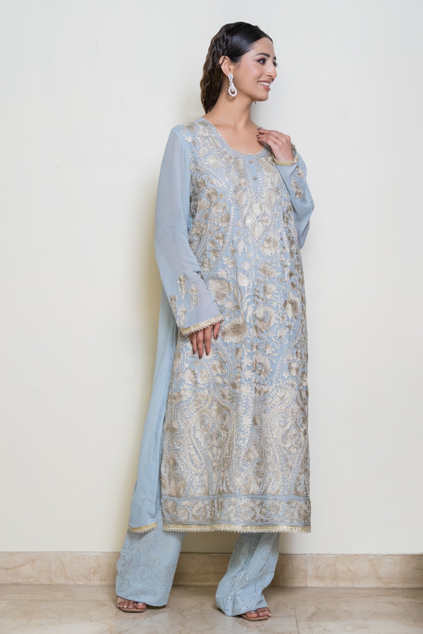Neelima -Silver Tila work Kurta and mukaish pants with embroidered dupatta