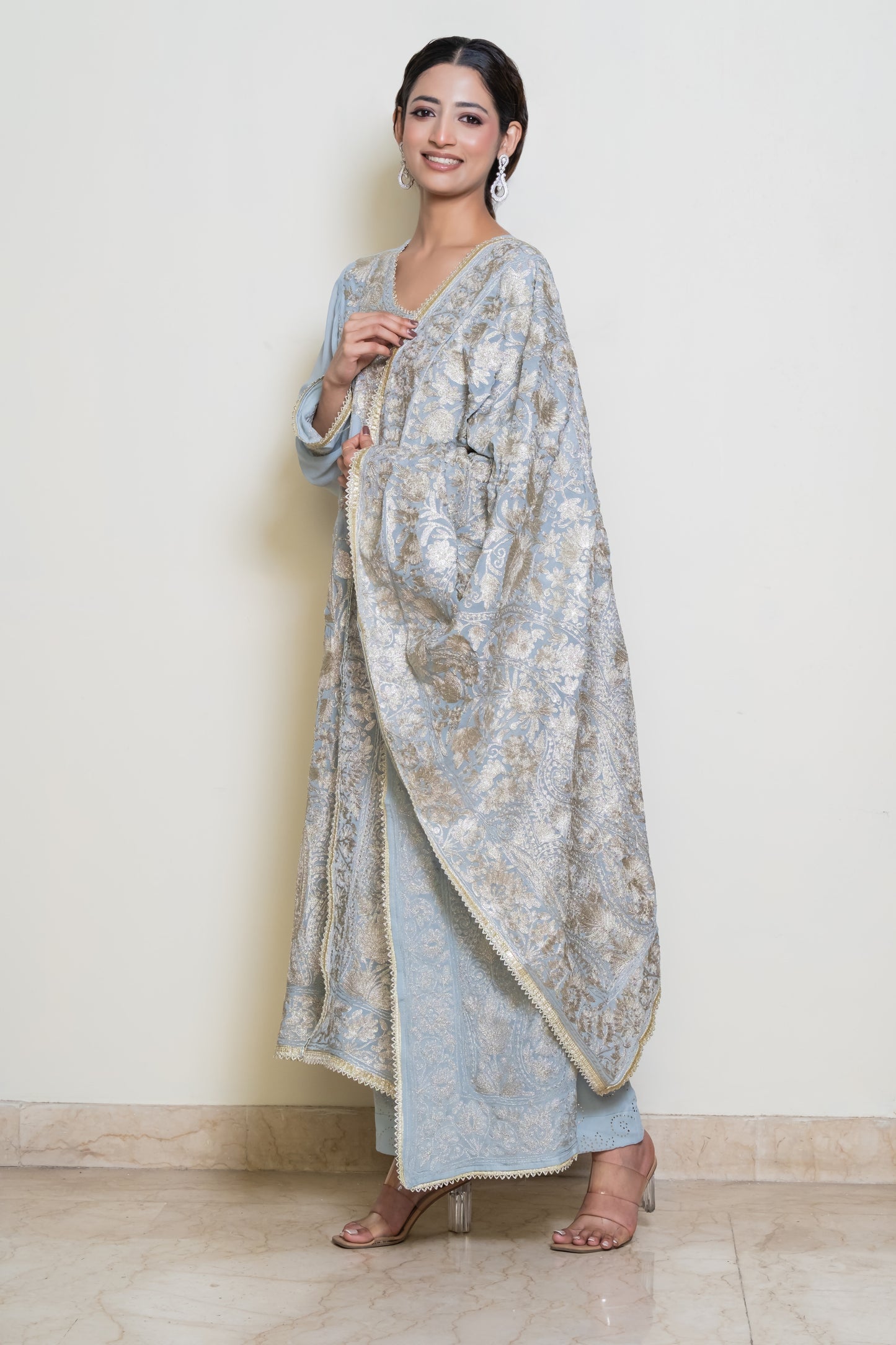 Neelima -Silver Tila work Kurta and mukaish pants with embroidered dupatta