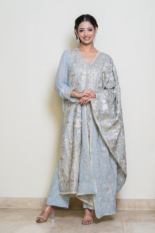 Silver Tila work Kurta and mukaish pants with embroidered dupatta
